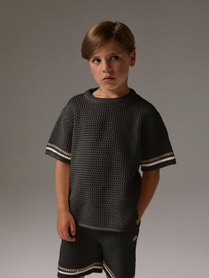 JUNIOR STRIPE CROCHET KNIT T-SHIRT - BLACK