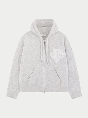 MONOGRAM FLUFFY KNIT ZIP THROUGH HOODIE - GREY MARL
