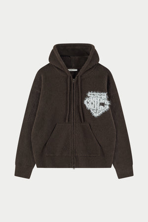 MONOGRAM FLUFFY KNIT ZIP THROUGH HOODIE - BROWN