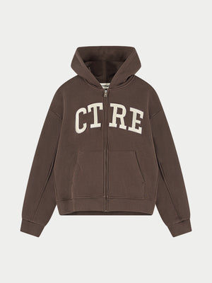 EMBROIDERED CTRE ZIP THROUGH HOODIE - CHOCOLATE