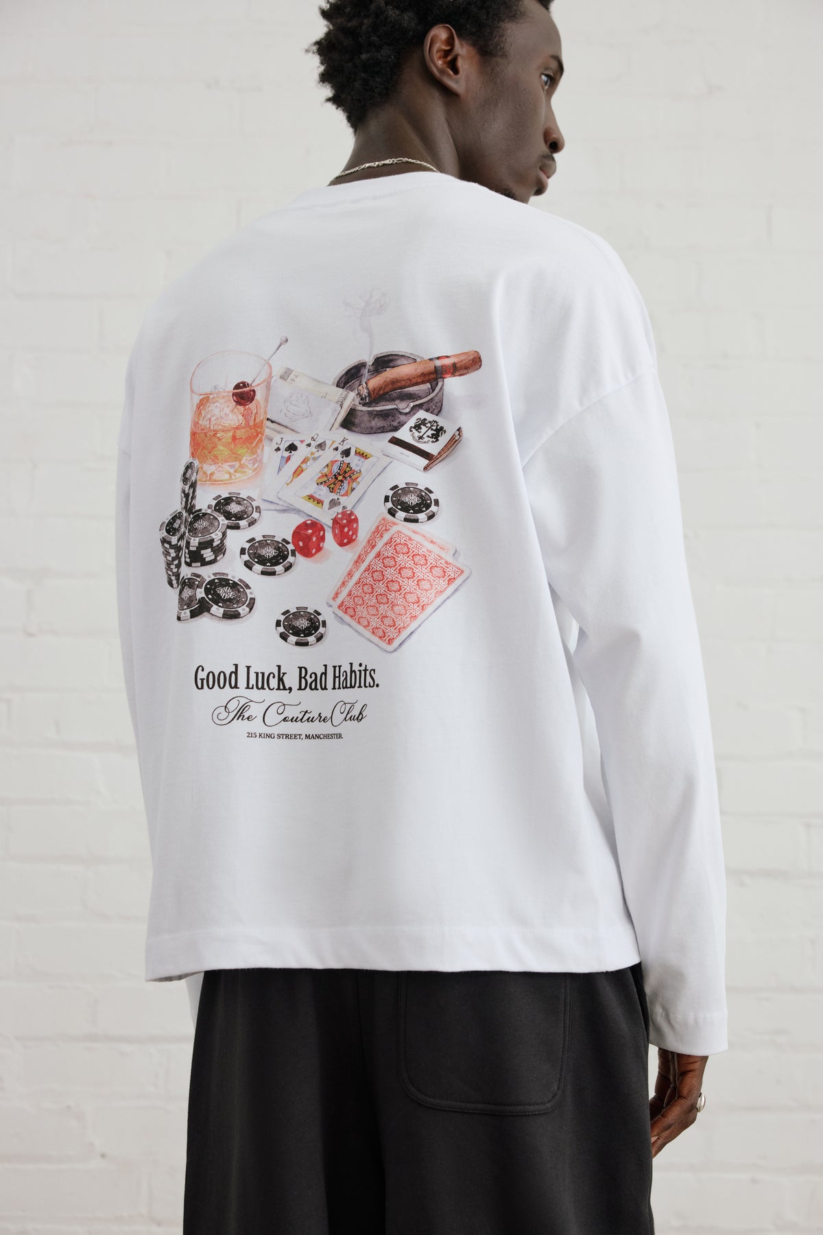 BAD HABITS GRAPHIC LONG SLEEVE T-SHIRT - WHITE