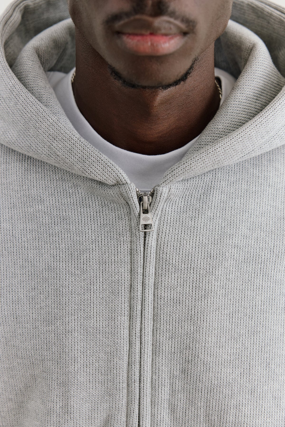 KNIT FLEECEBACK EMBLEM ZIP THROUGH HOODIE - GREY MARL
