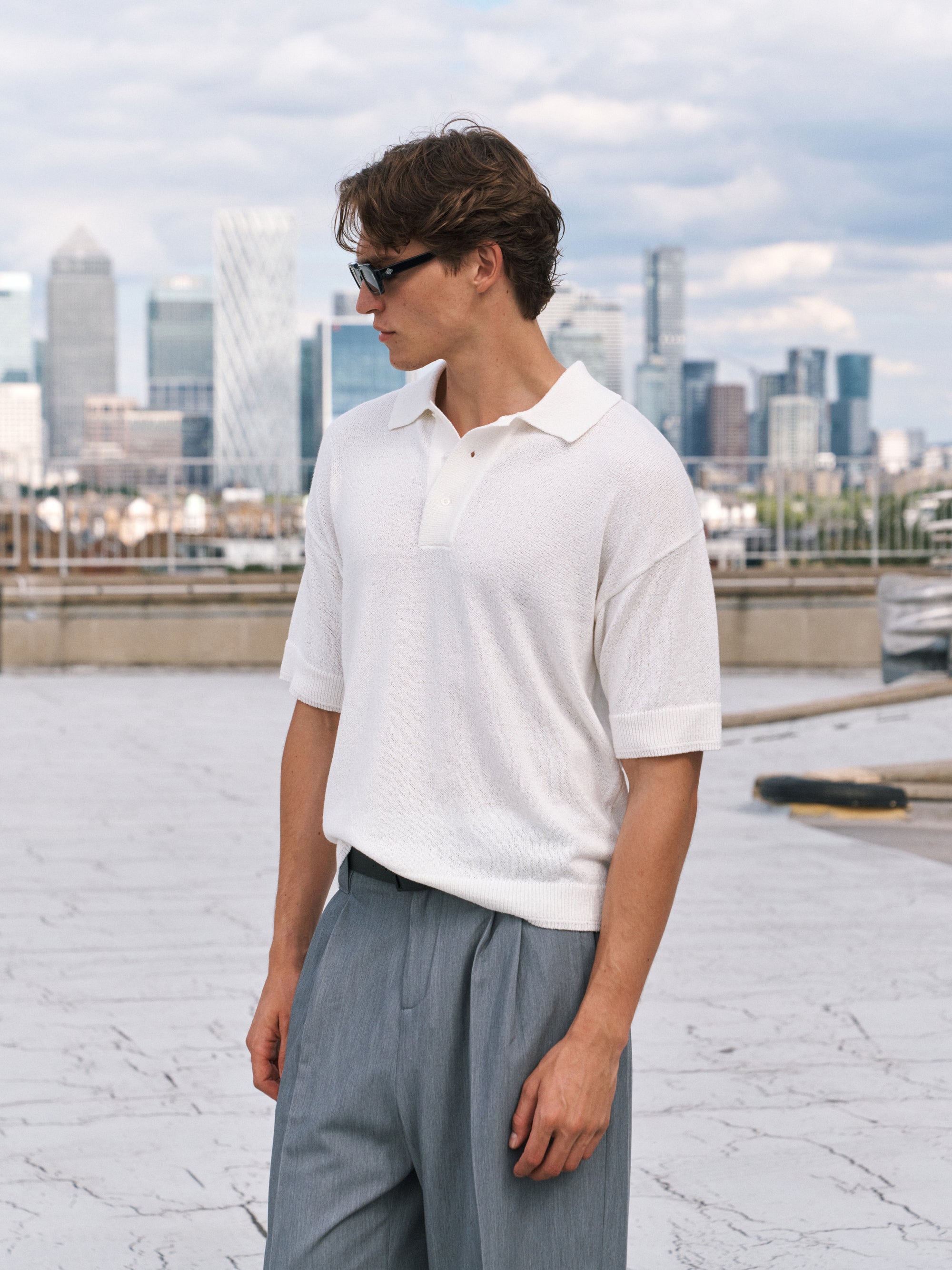 FINE GAUGE KNITTED SHORT SLEEVE POLO - WHITE