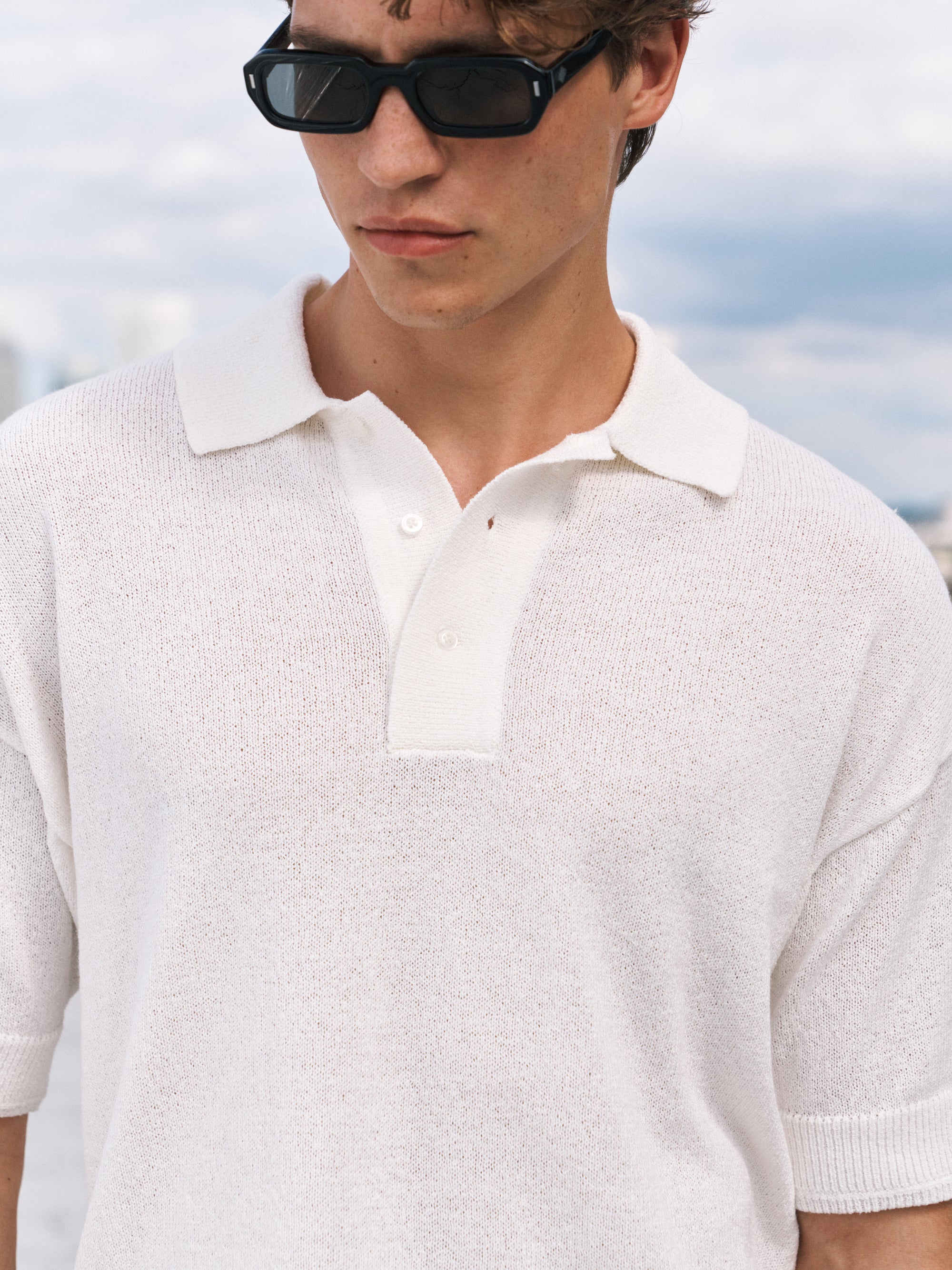 FINE GAUGE KNITTED SHORT SLEEVE POLO - WHITE
