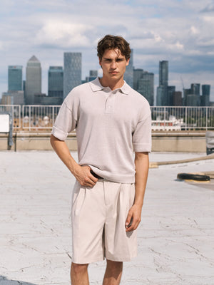 FINE GAUGE KNITTED SHORT SLEEVE POLO - MUSHROOM