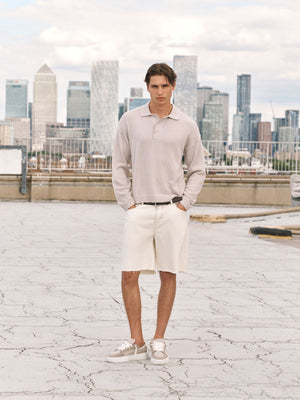 FINE GAUGE KNITTED LONG SLEEVE POLO - MUSHROOM