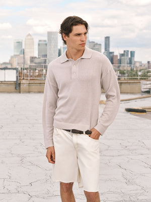 FINE GAUGE KNITTED LONG SLEEVE POLO - MUSHROOM