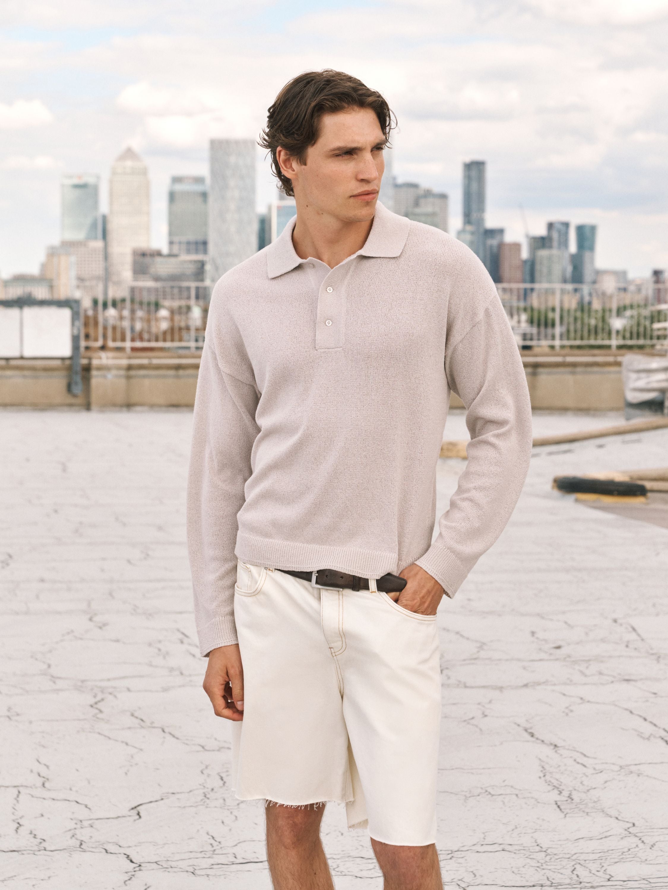 FINE GAUGE KNITTED LONG SLEEVE POLO - MUSHROOM