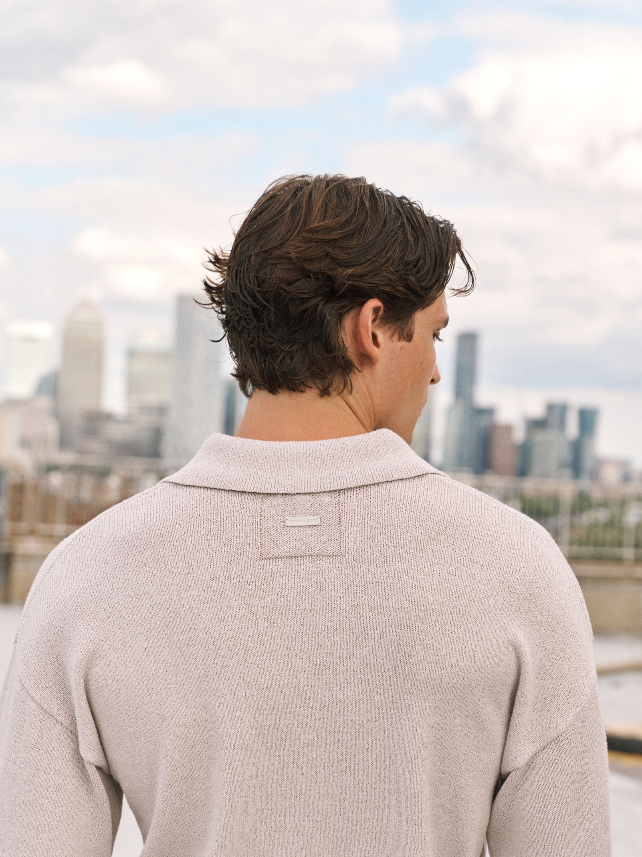 FINE GAUGE KNITTED LONG SLEEVE POLO - MUSHROOM