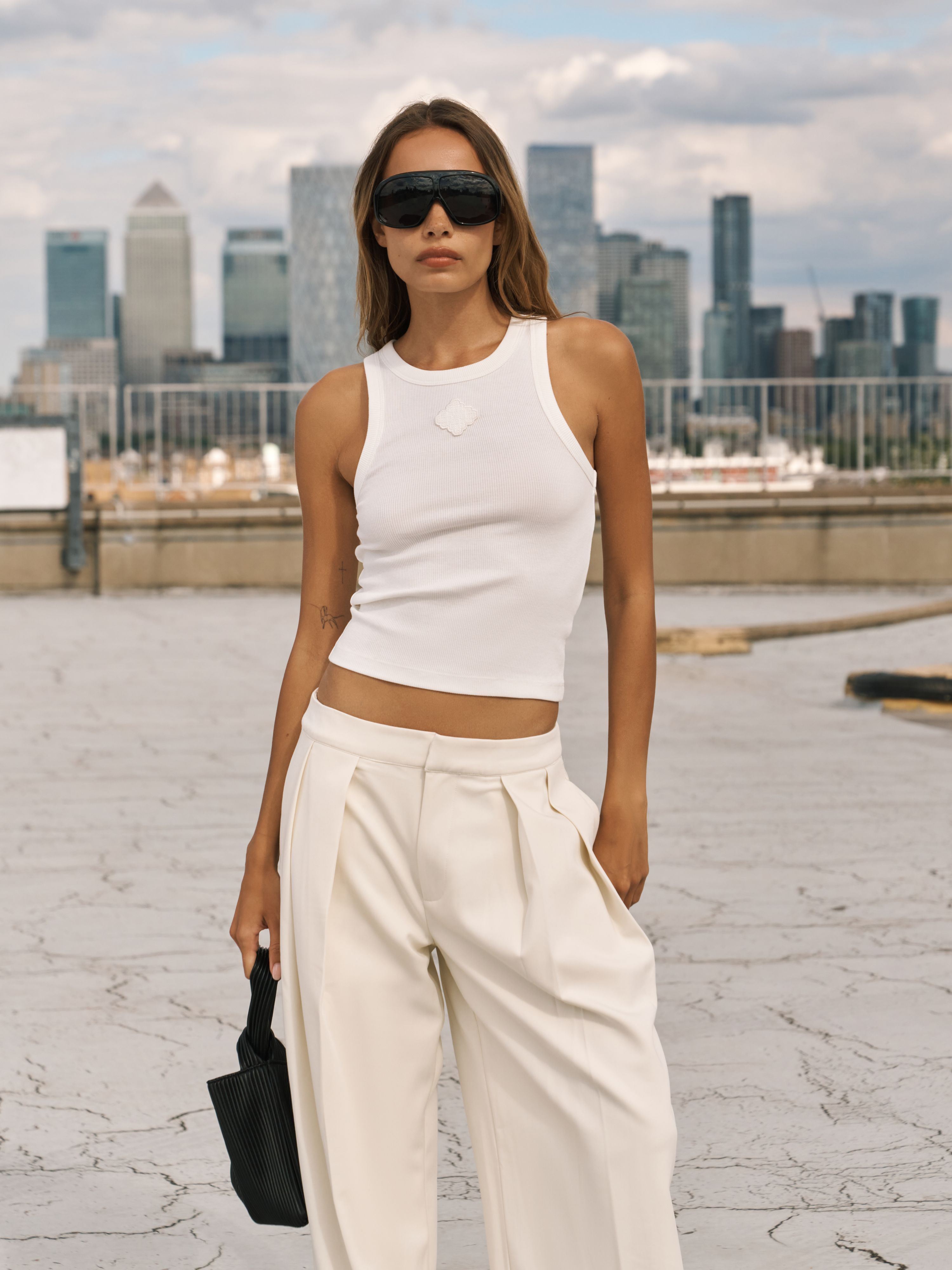 EMBLEM RIBBED VEST TOP -  OFF WHITE