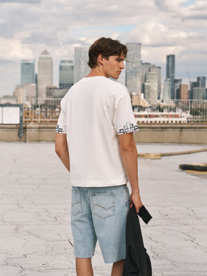A man wearing a white crew-neck t-shirt and light-wash denim shorts stands on a rooftop overlooking a city skyline, holding a black jacket.
