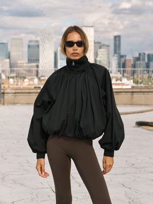 GATHERED BALLOON HEM BOMBER JACKET - BLACK
