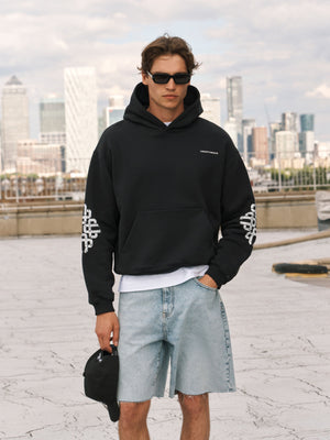 CRACKED EMBLEM SLEEVE PRINT HOODIE - BLACK