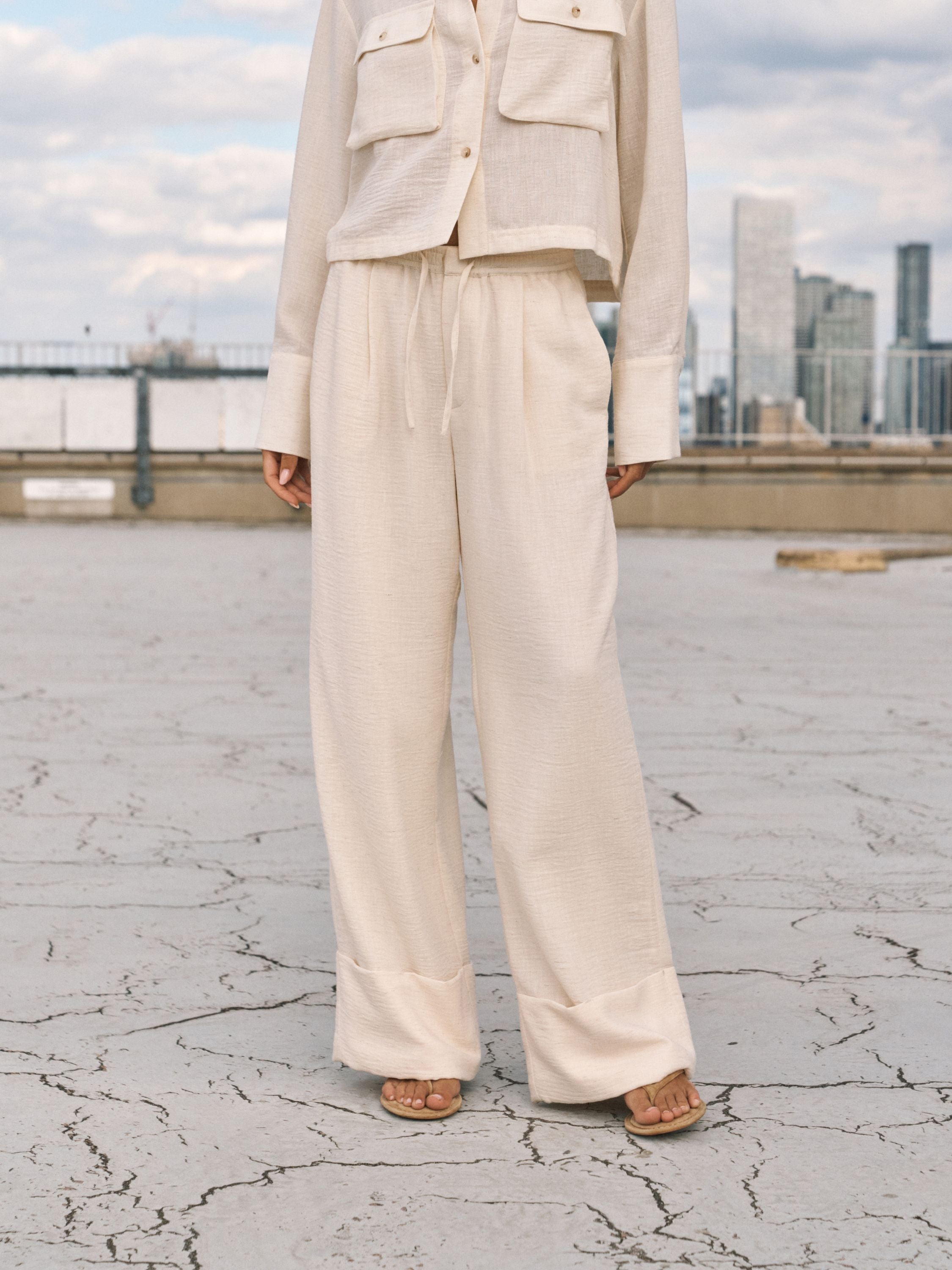 LINEN DEEP HEM TROUSERS - OFF WHITE