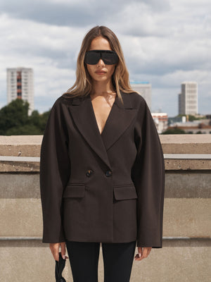 CINCHED WAIST BLAZER - CHOCOLATE