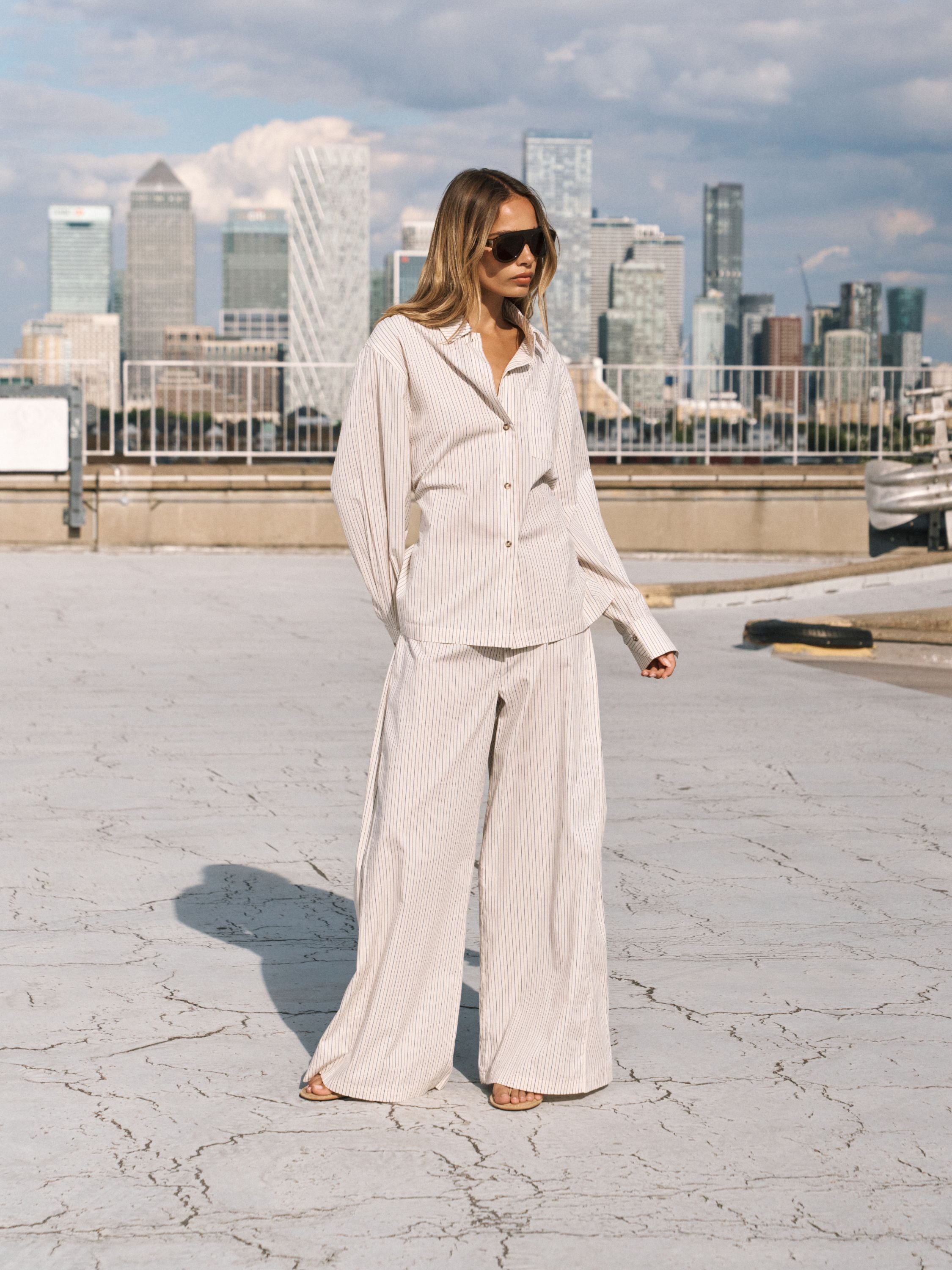 STRIPE WIDE LEG TROUSERS - OFF WHITE