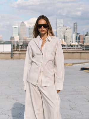 STRIPE TIE BACK EMBLEM SHIRT - OFF WHITE