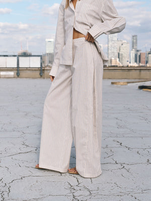 STRIPE WIDE LEG TROUSERS - OFF WHITE