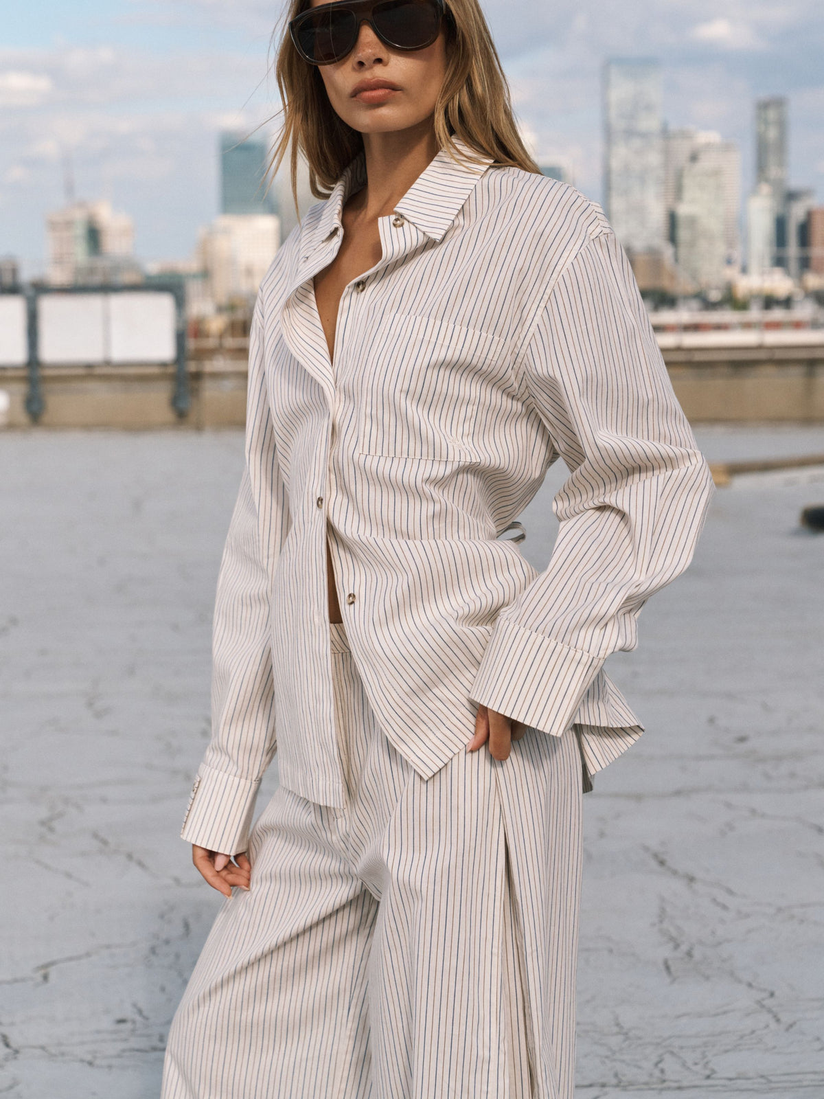 STRIPE TIE BACK EMBLEM SHIRT - OFF WHITE
