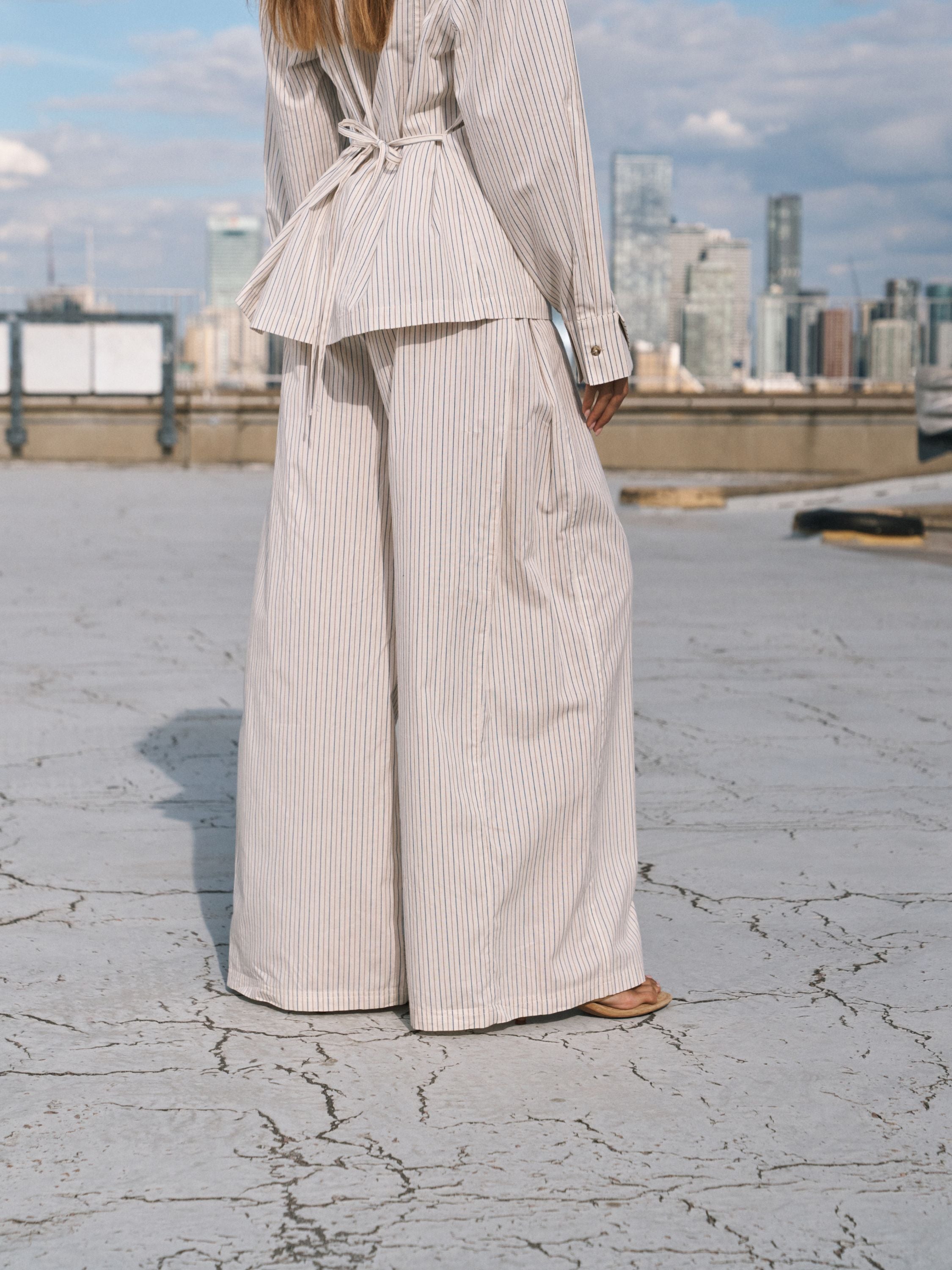 STRIPE WIDE LEG TROUSERS - OFF WHITE