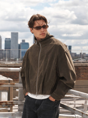SUEDE FUNNEL NECK JACKET - BROWN