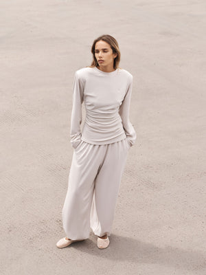 LONG SLEEVE SHOULDER PAD RUCHED TEE - STONE