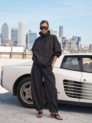 MICRO CHECK FUNNEL NECK TRACK JACKET - BLACK