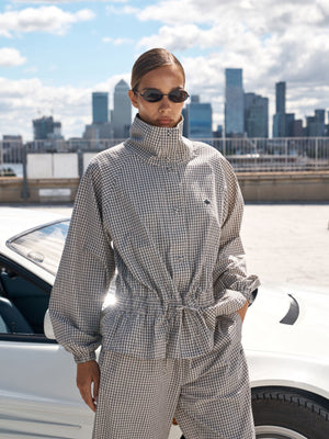 CHECKED DROP WAIST FUNNEL NECK JACKET - OFF WHITE / BLACK