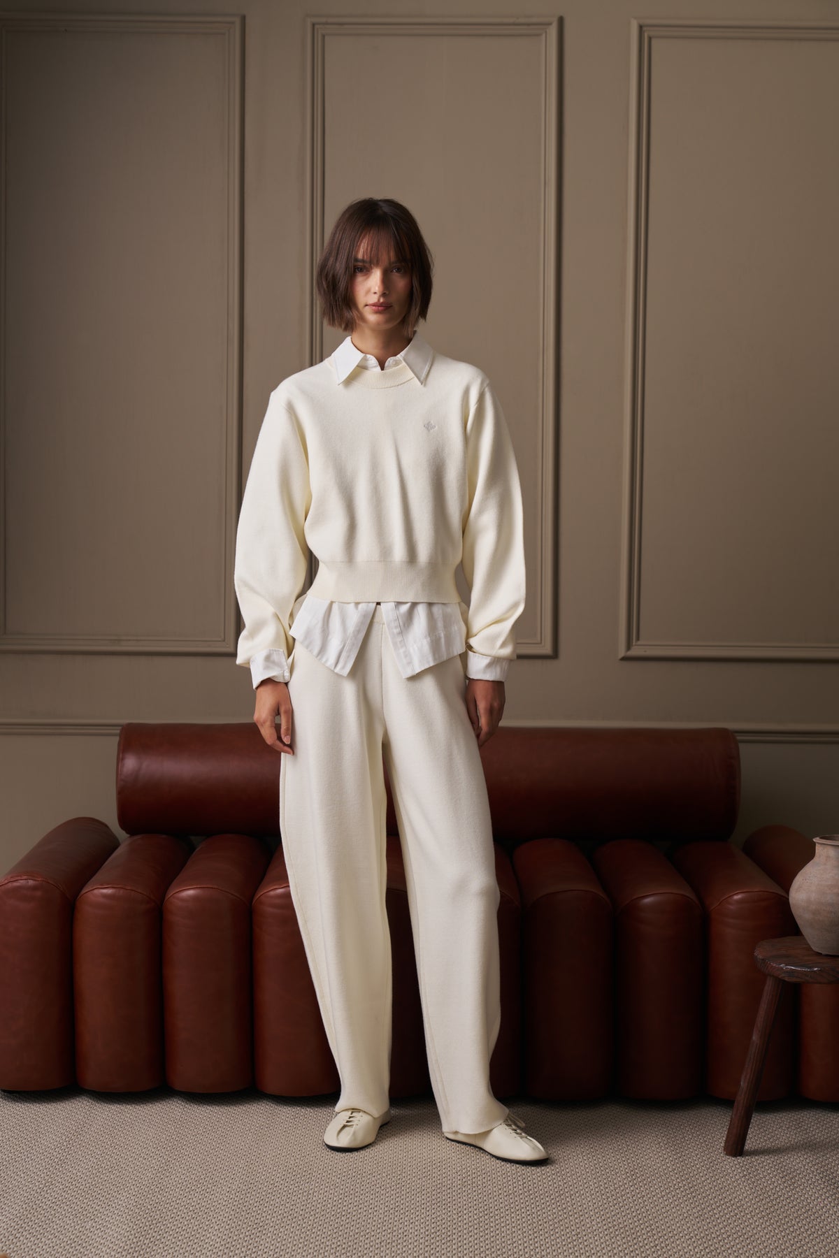 COMPACT KNIT BARREL LEG JOGGER - CREAM