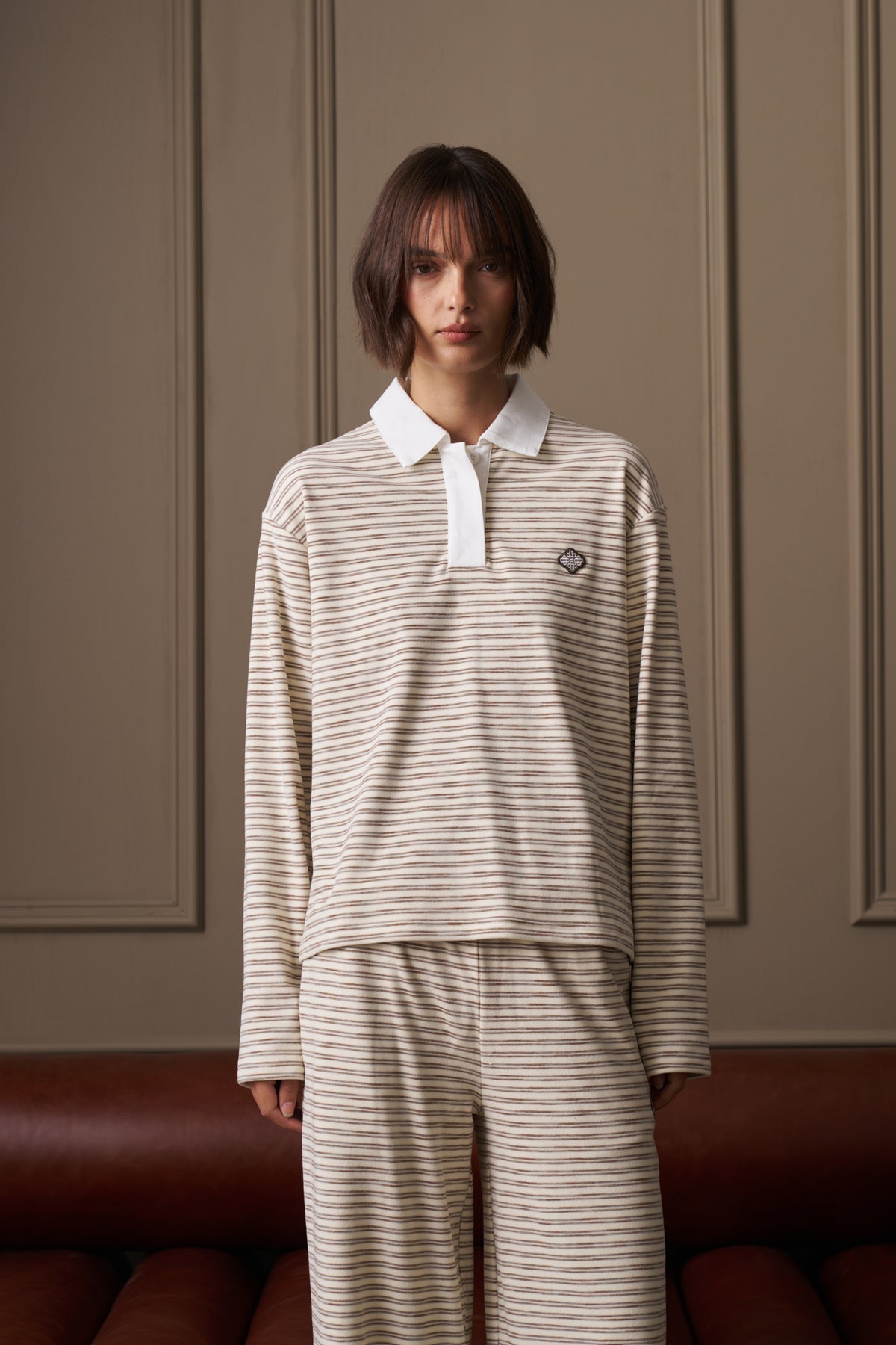 STRIPE LIGHTWEIGHT FLEECE POLO TOP - BEIGE