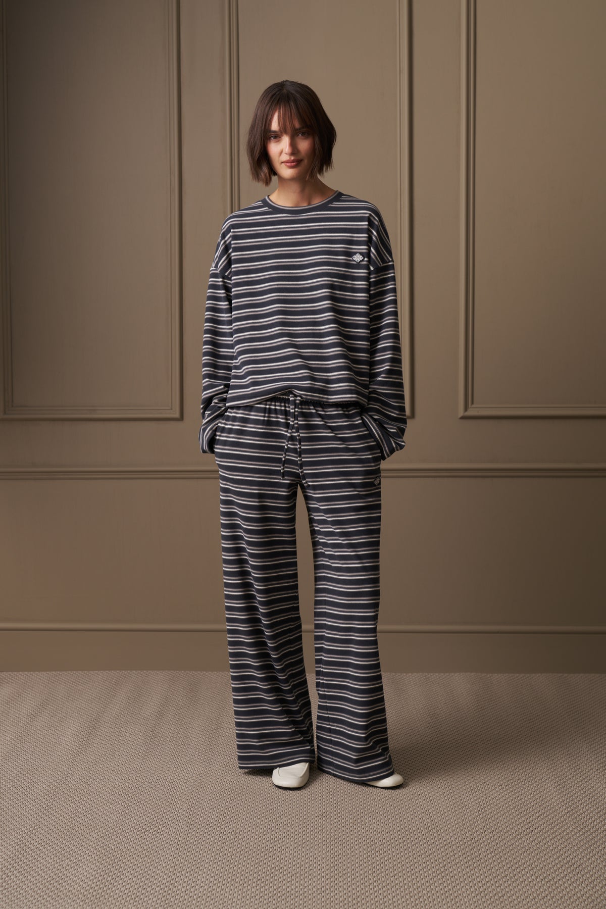 STRIPE FLEECE LONG SLEEVE T-SHIRT - CHARCOAL