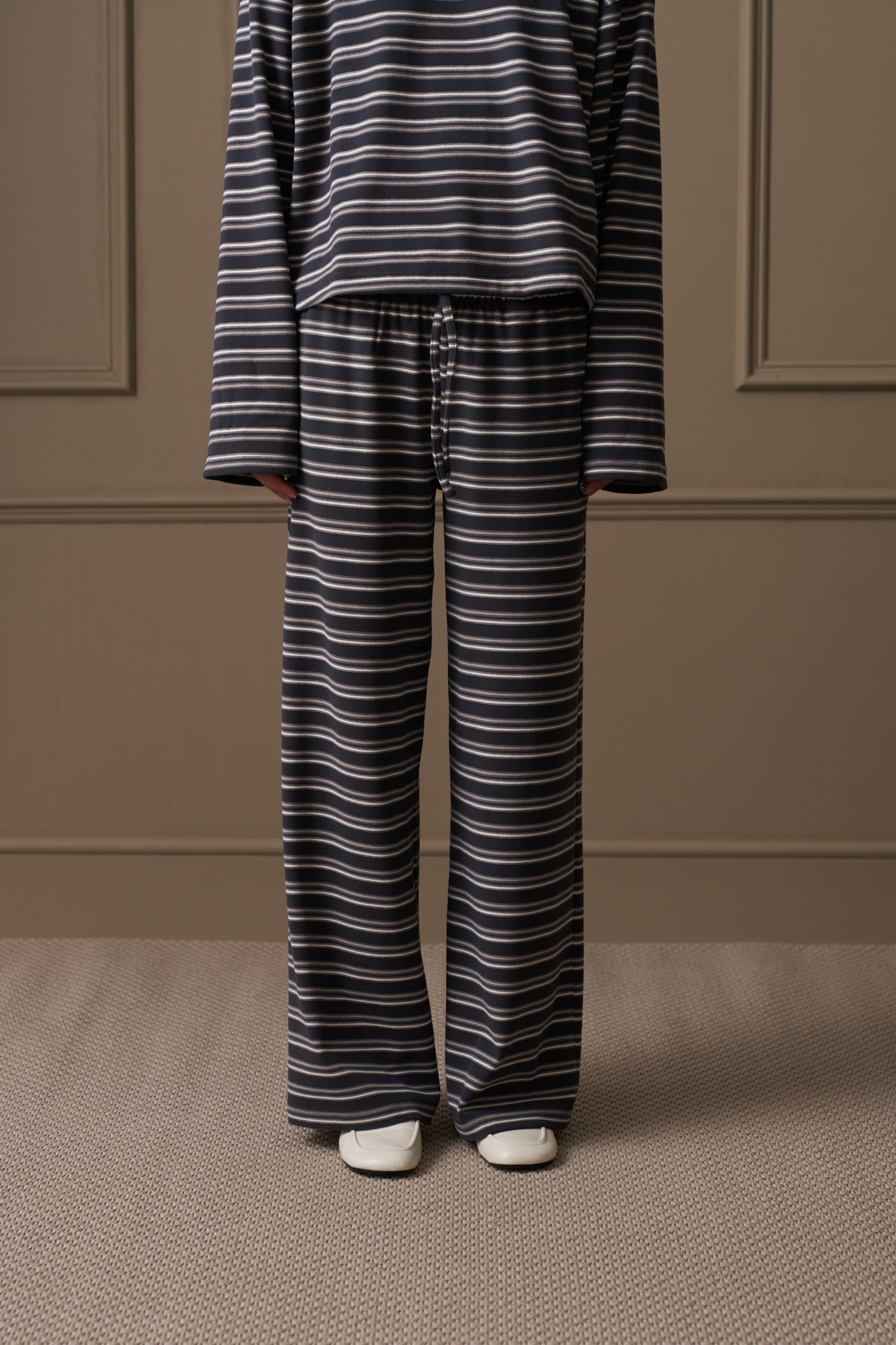 STRIPE FLEECE WIDE LEG TROUSERS - CHARCOAL
