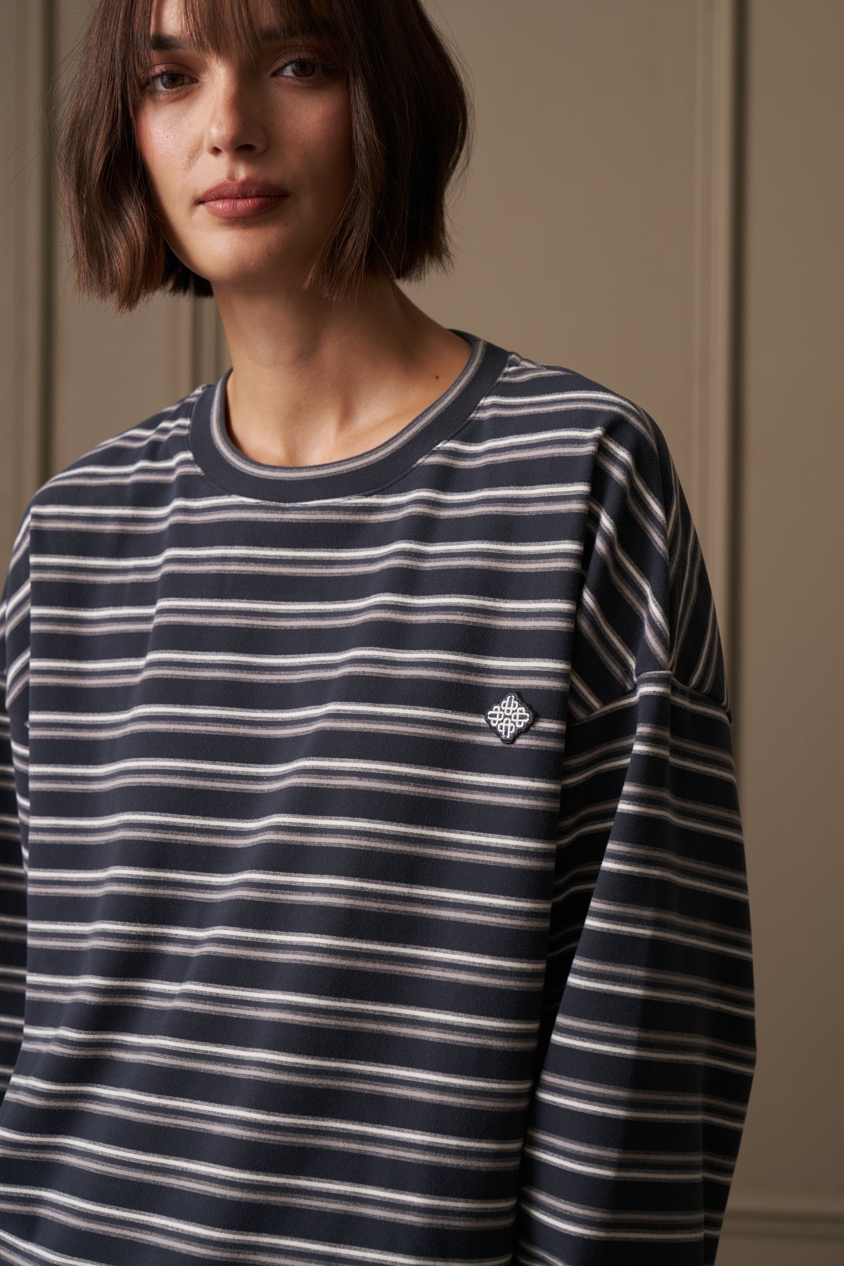 STRIPE FLEECE LONG SLEEVE T-SHIRT - CHARCOAL
