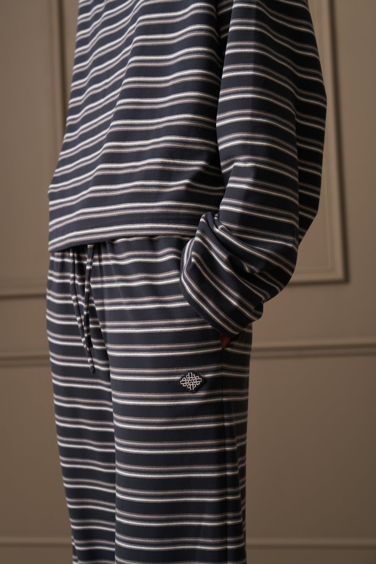 STRIPE FLEECE WIDE LEG TROUSERS - CHARCOAL