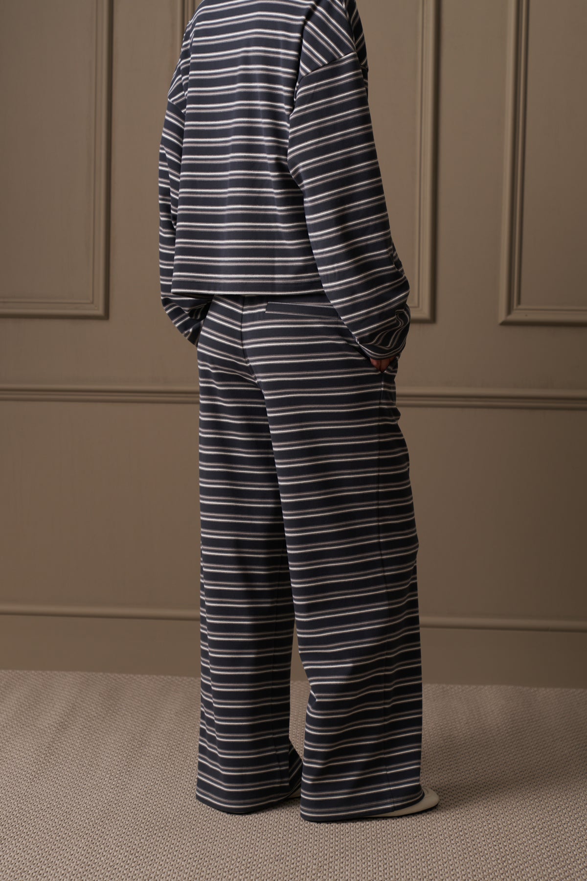 STRIPE FLEECE WIDE LEG TROUSERS - CHARCOAL