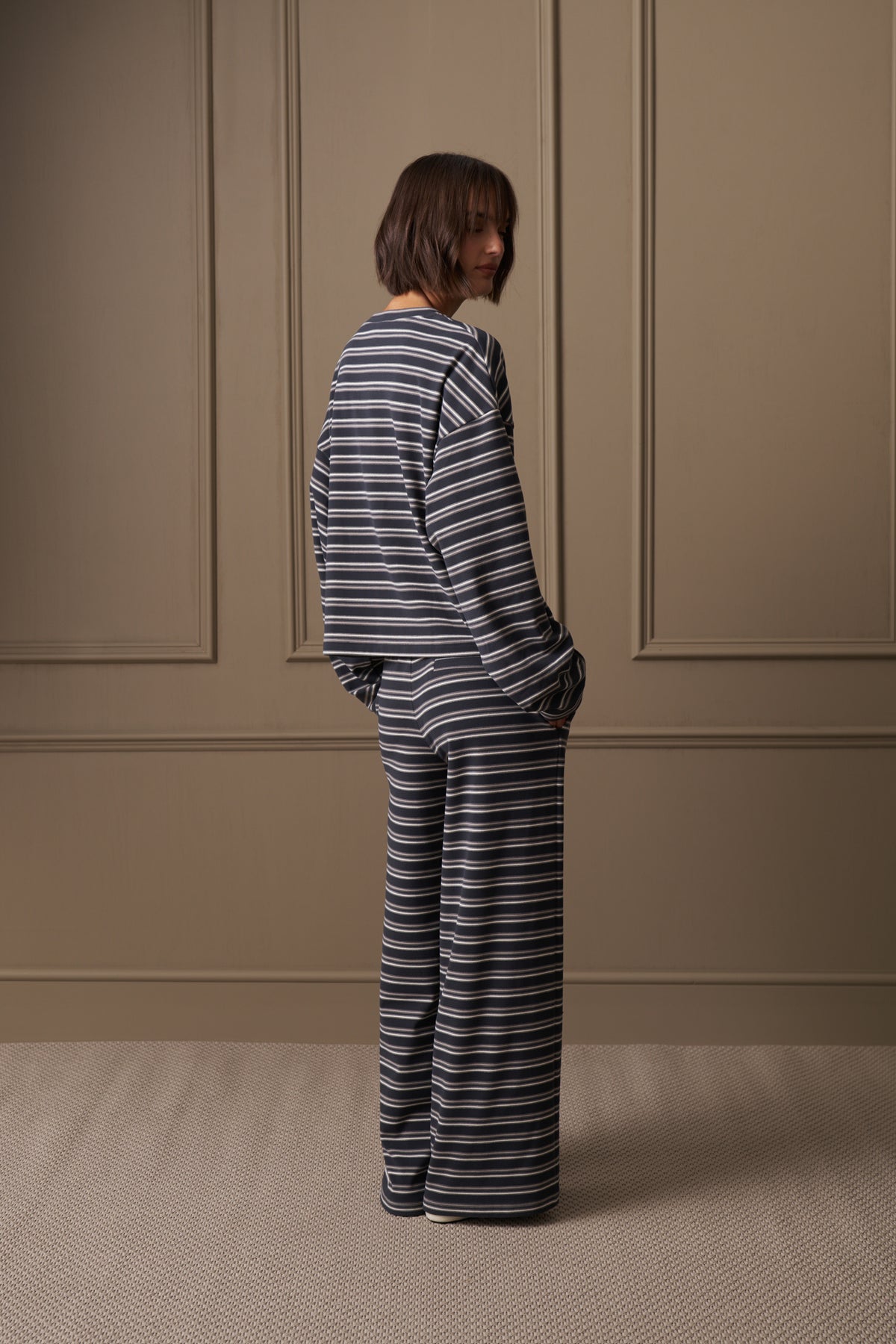 STRIPE FLEECE WIDE LEG TROUSERS - CHARCOAL