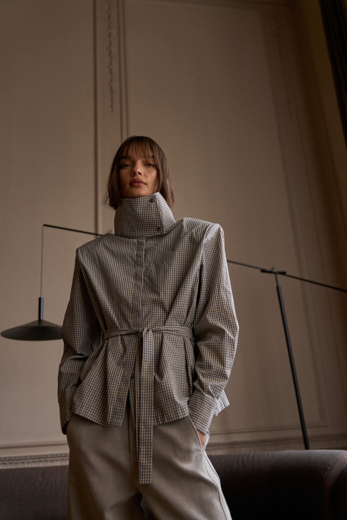 FUNNEL NECK CHECK SHIRT - GREY