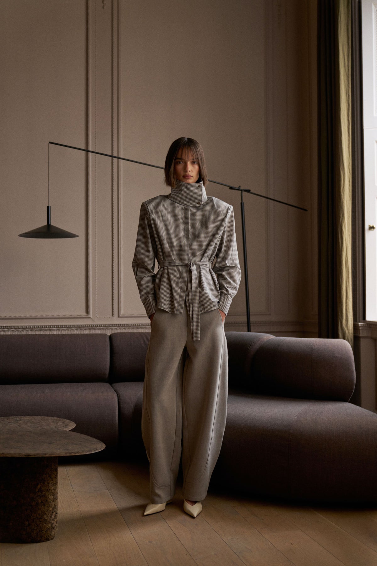 FUNNEL NECK CHECK SHIRT - GREY