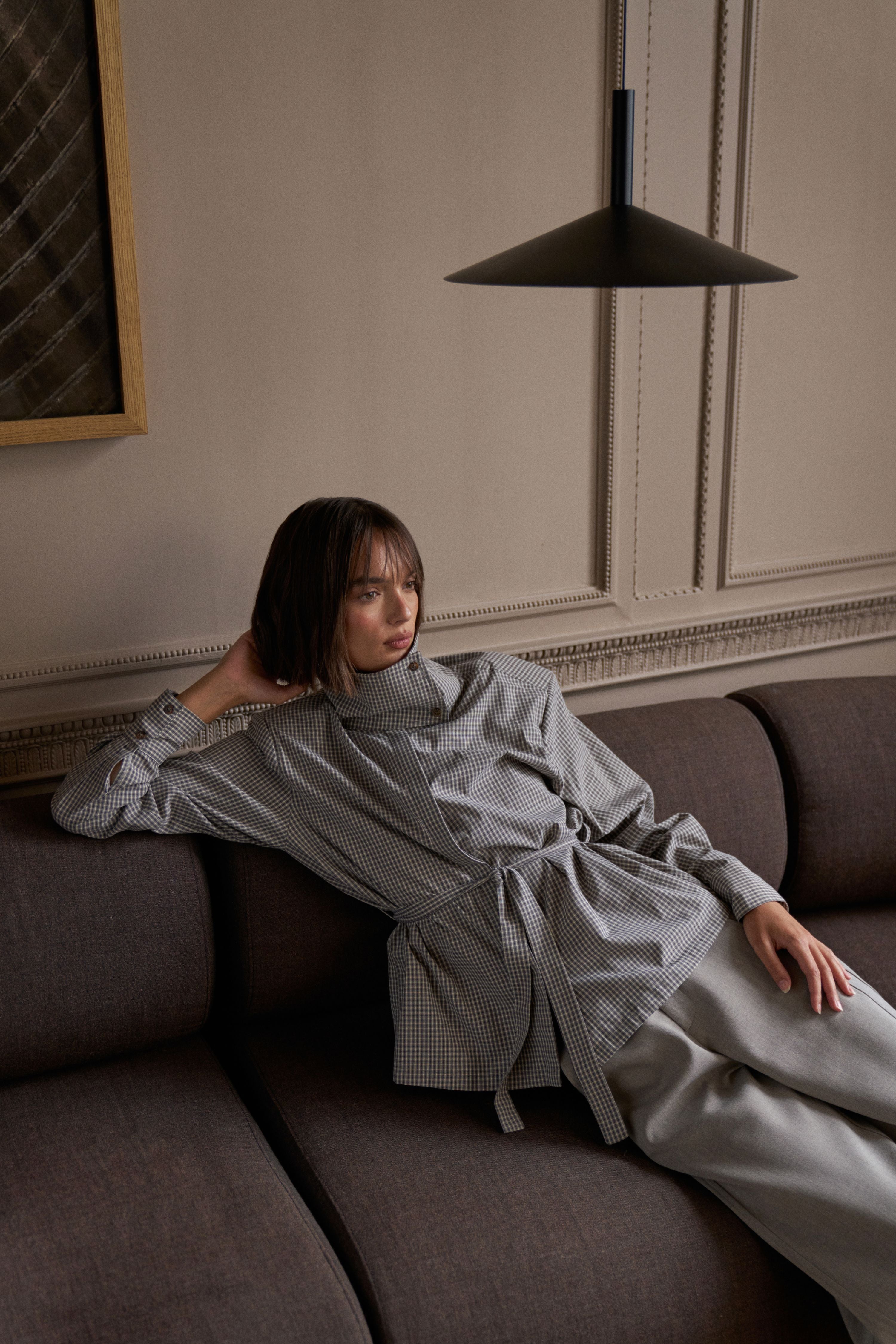 FUNNEL NECK CHECK SHIRT - GREY
