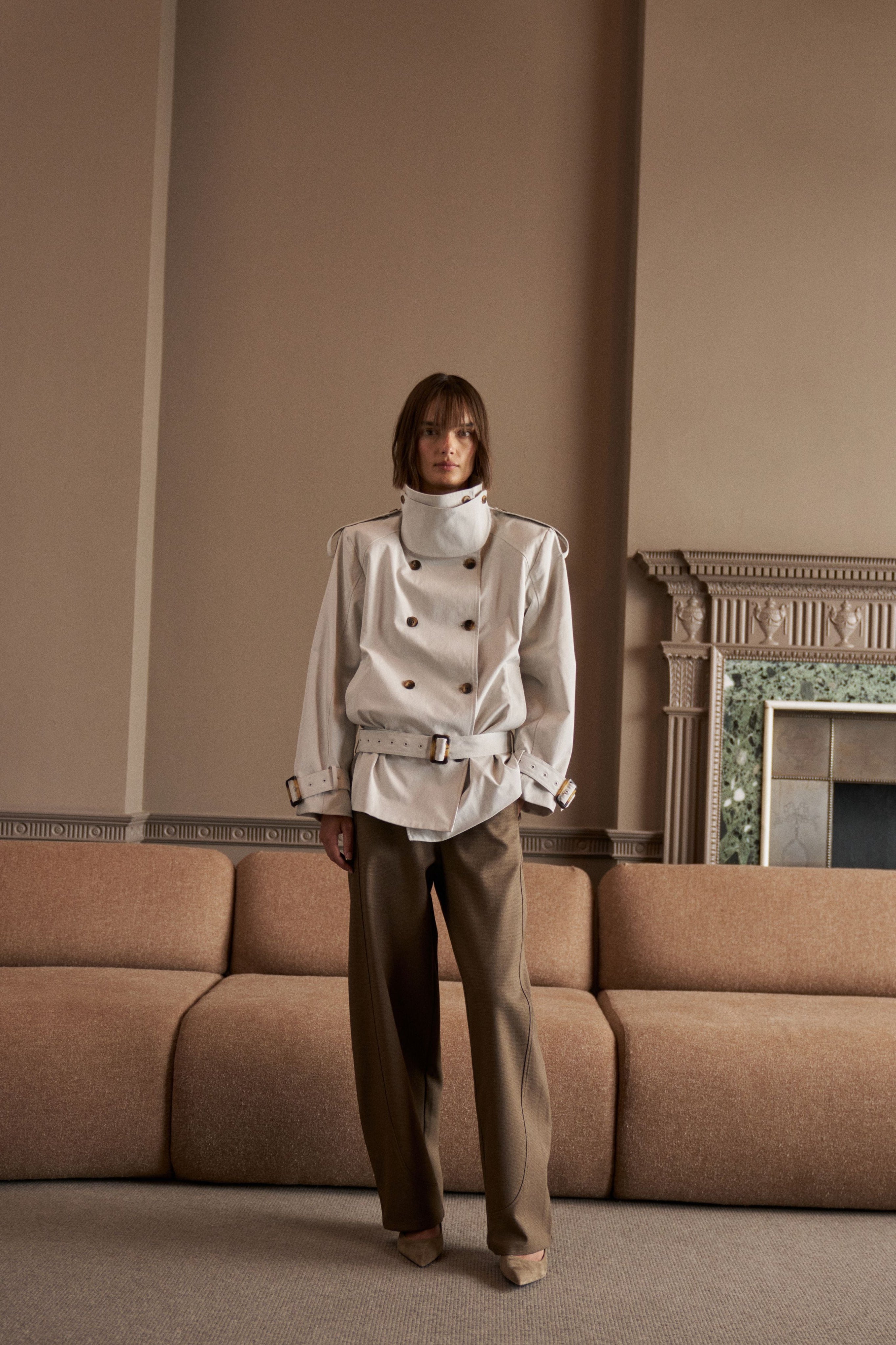 FUNNEL NECK SHOULDER PADDED TRENCH COAT - STONE