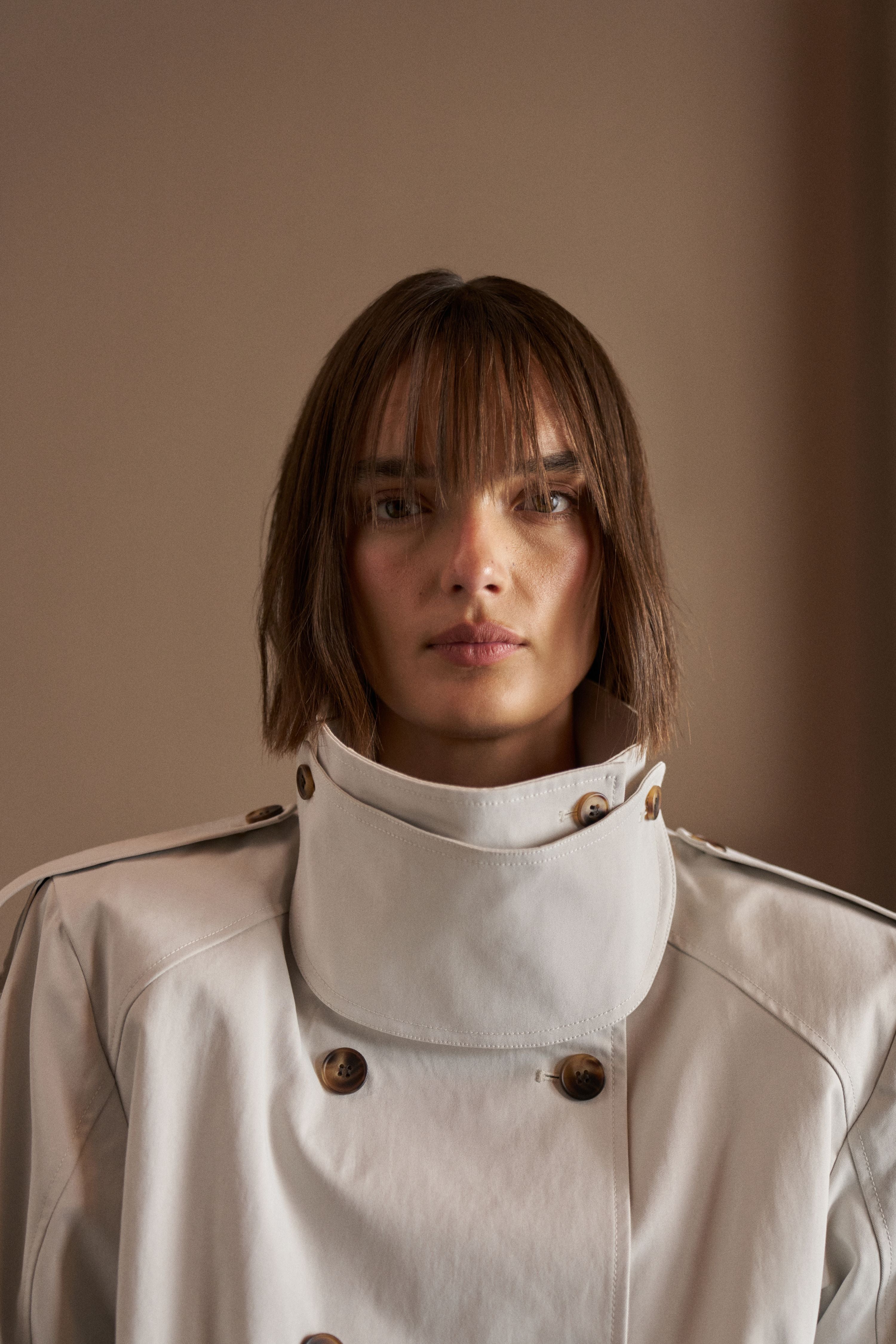 FUNNEL NECK SHOULDER PADDED TRENCH COAT - STONE