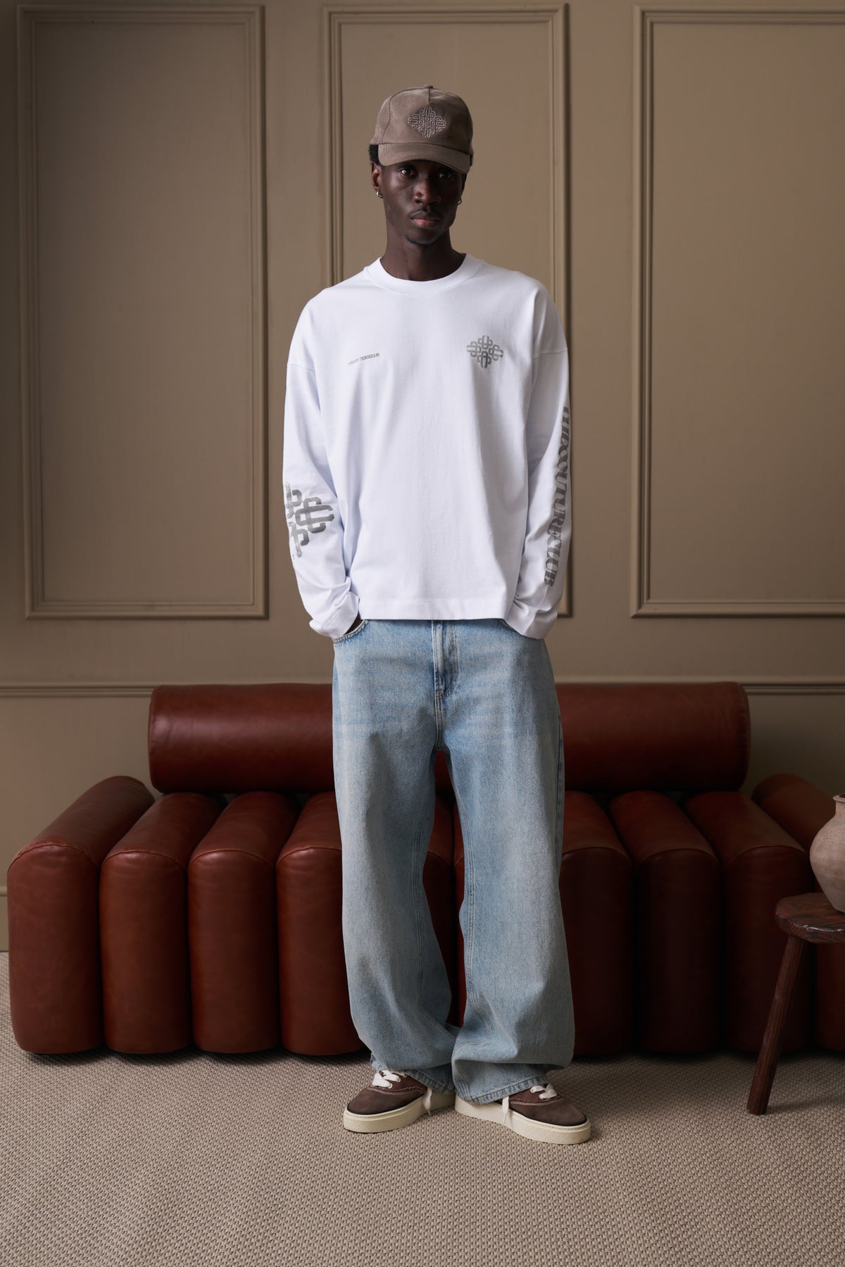 Men's Vintage Copyright Print Long Sleeve T-Shirt in White Charcoal – full-length model shot