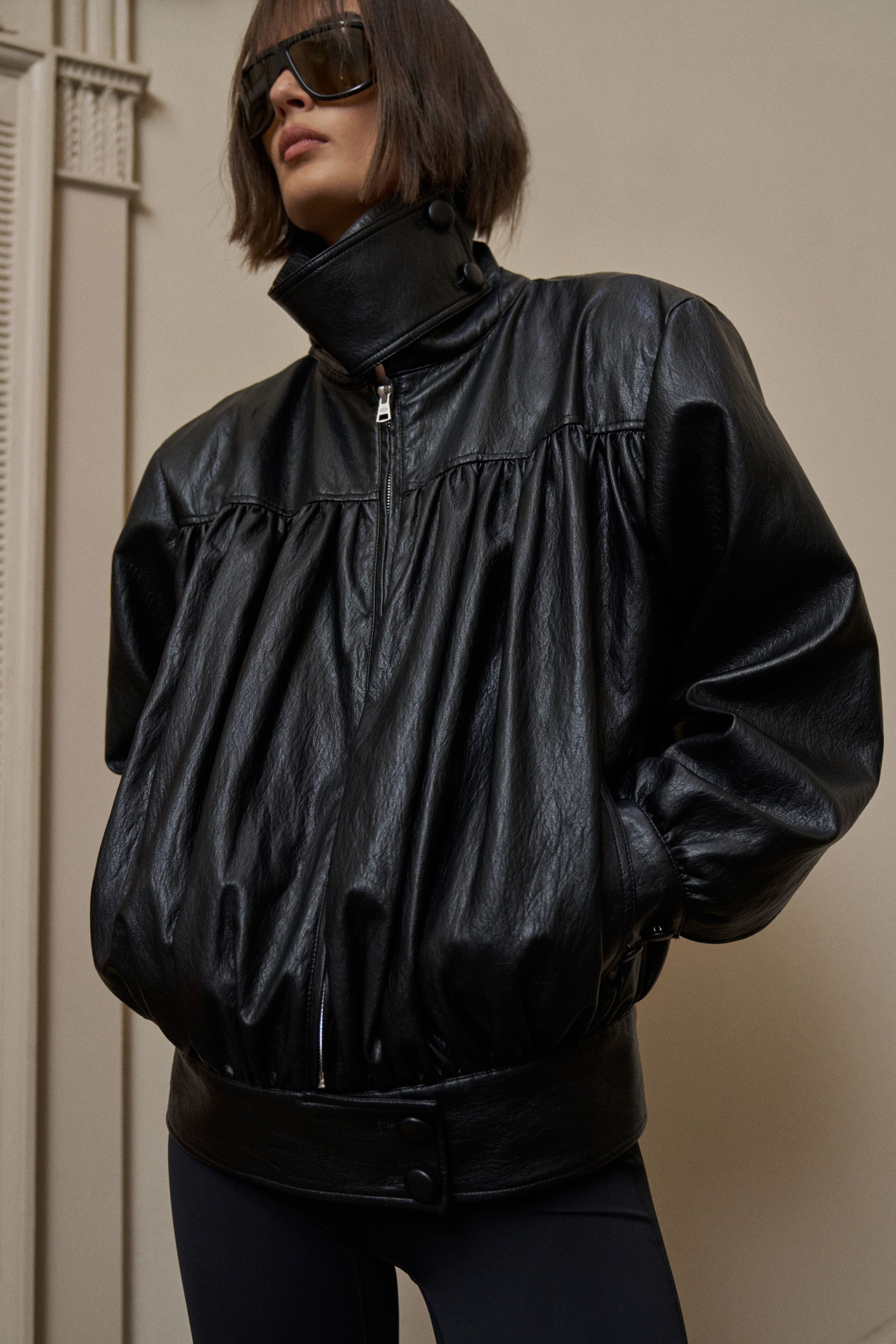 RUCHED FUNNEL NECK FAUX LEATHER JACKET - BLACK