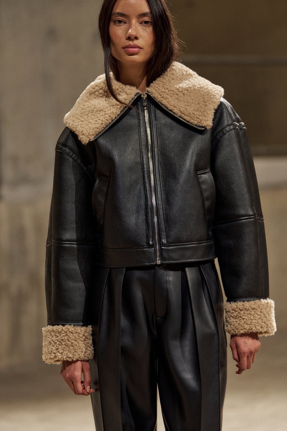BORG FUNNEL NECK FAUX LEATHER AVIATOR - BROWN