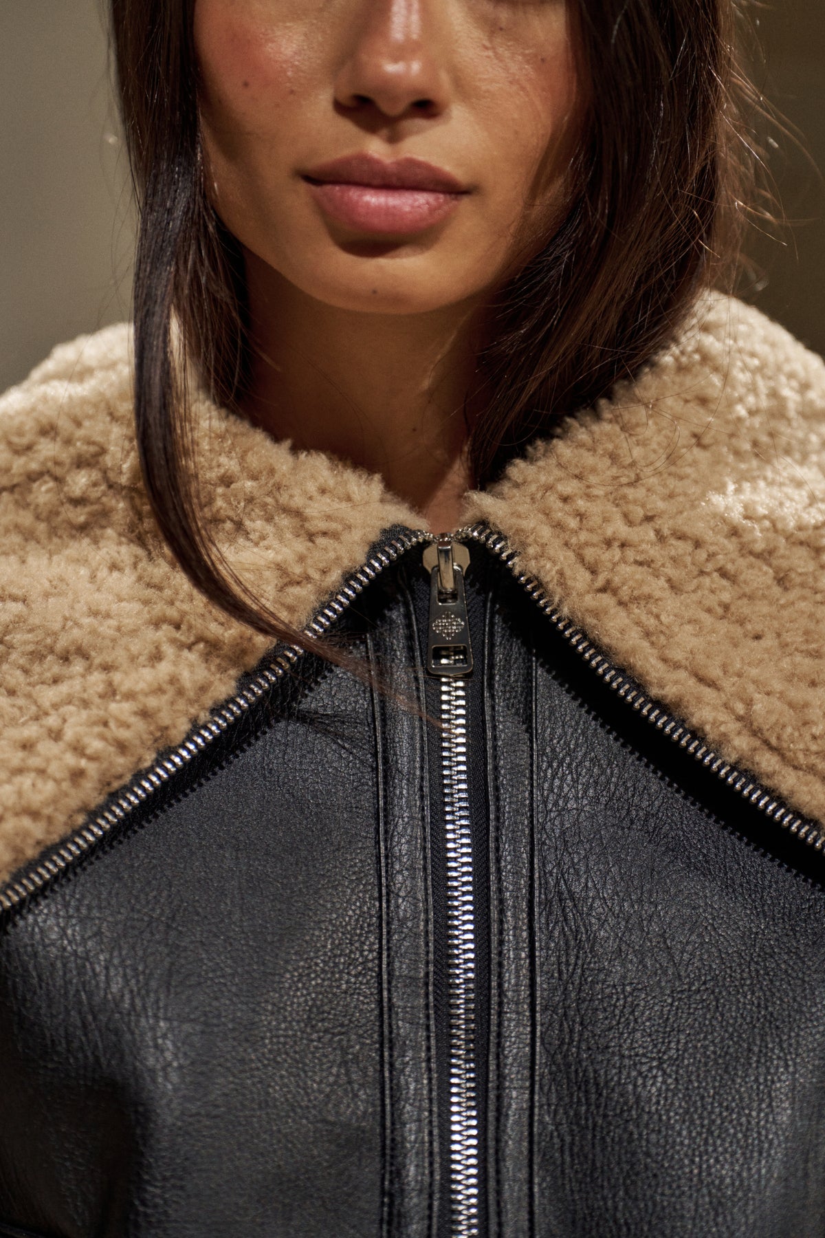 BORG FUNNEL NECK FAUX LEATHER AVIATOR - BROWN