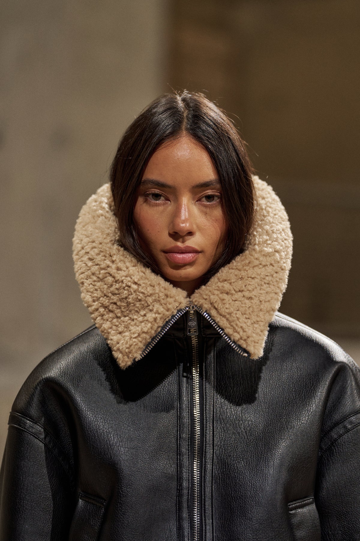 BORG FUNNEL NECK FAUX LEATHER AVIATOR - BROWN