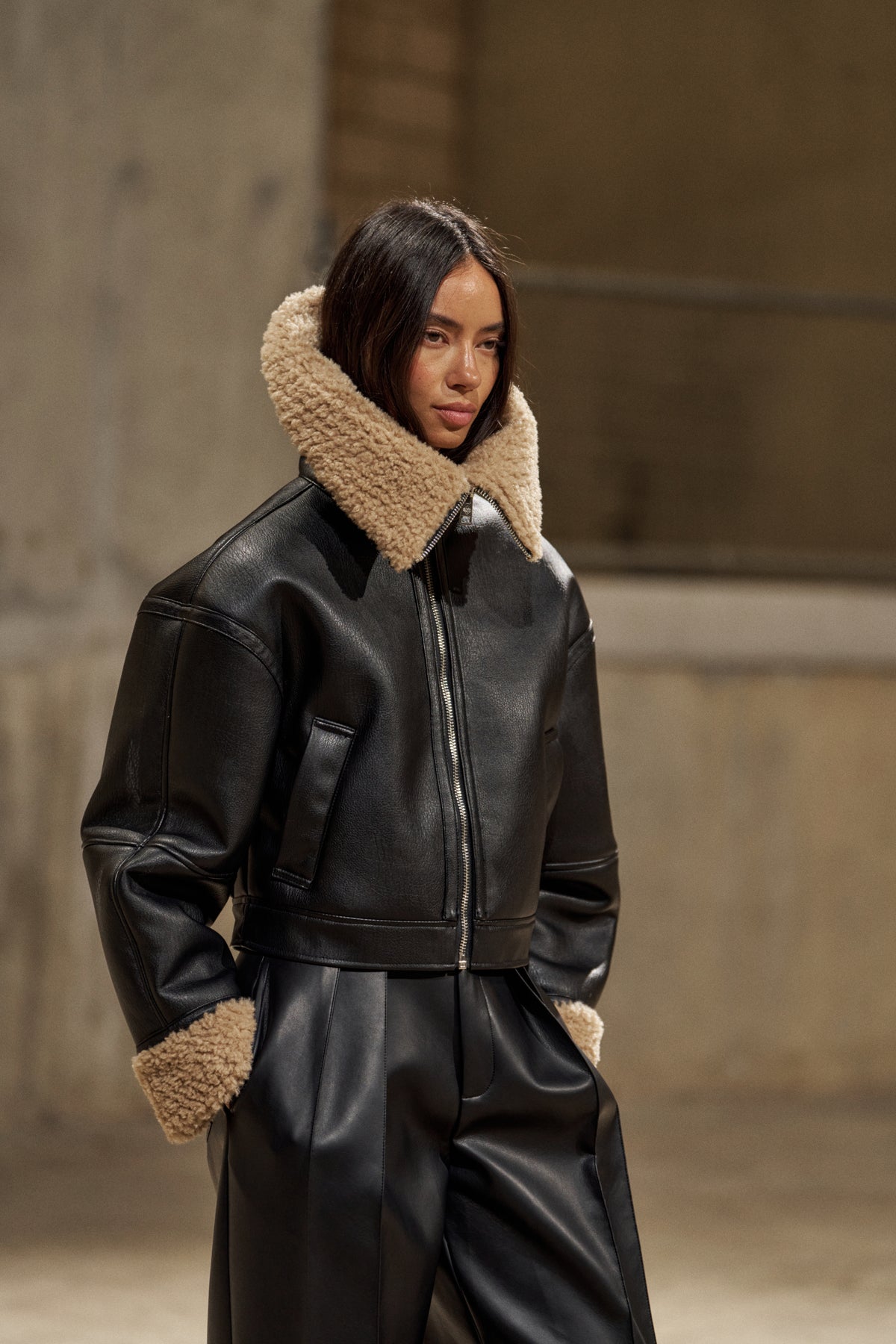 BORG FUNNEL NECK FAUX LEATHER AVIATOR - BROWN