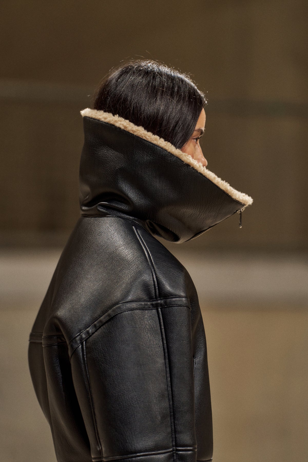 BORG FUNNEL NECK FAUX LEATHER AVIATOR - BROWN