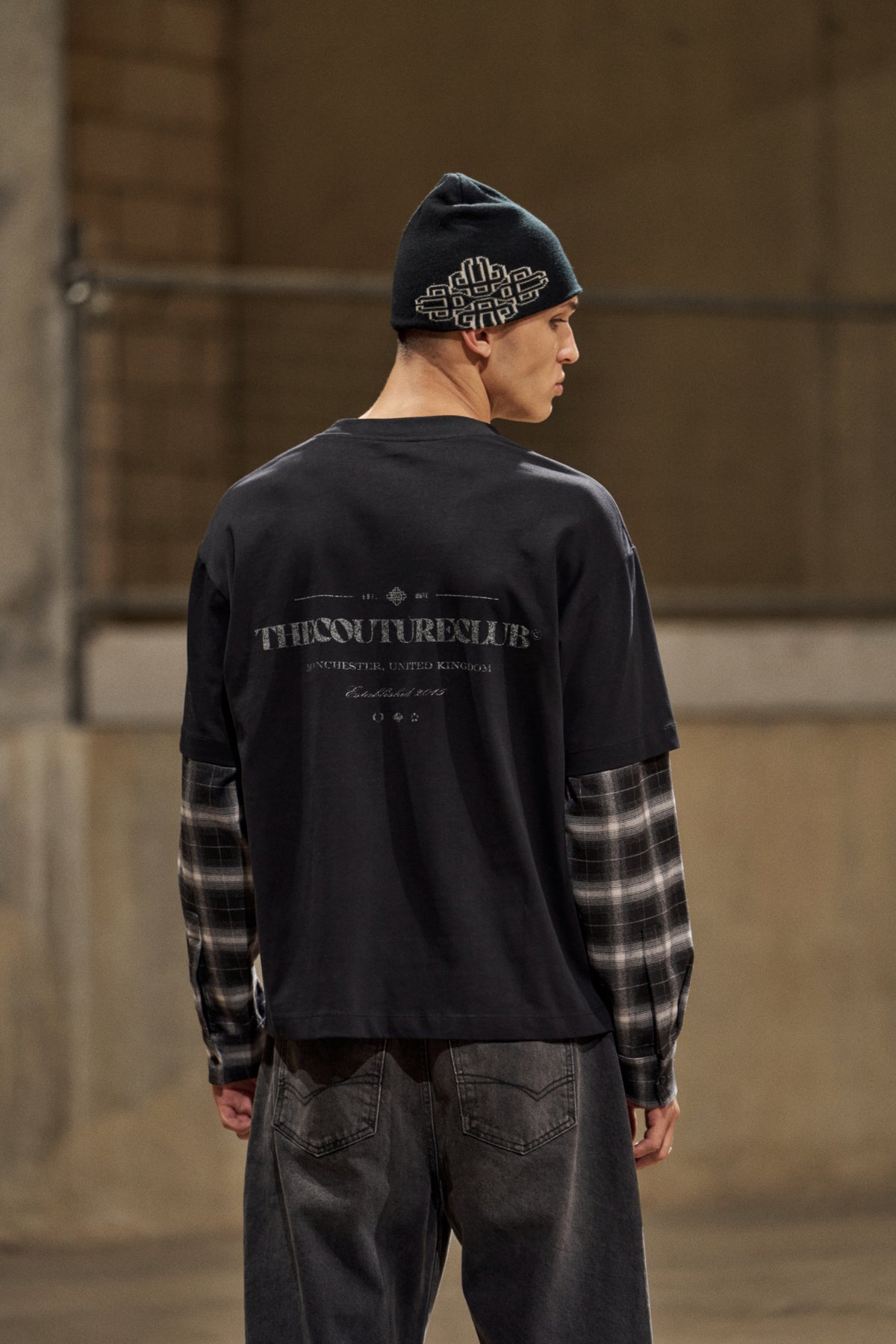 DOUBLE LAYER CHECKED LONG SLEEVE T-SHIRT - BLACK