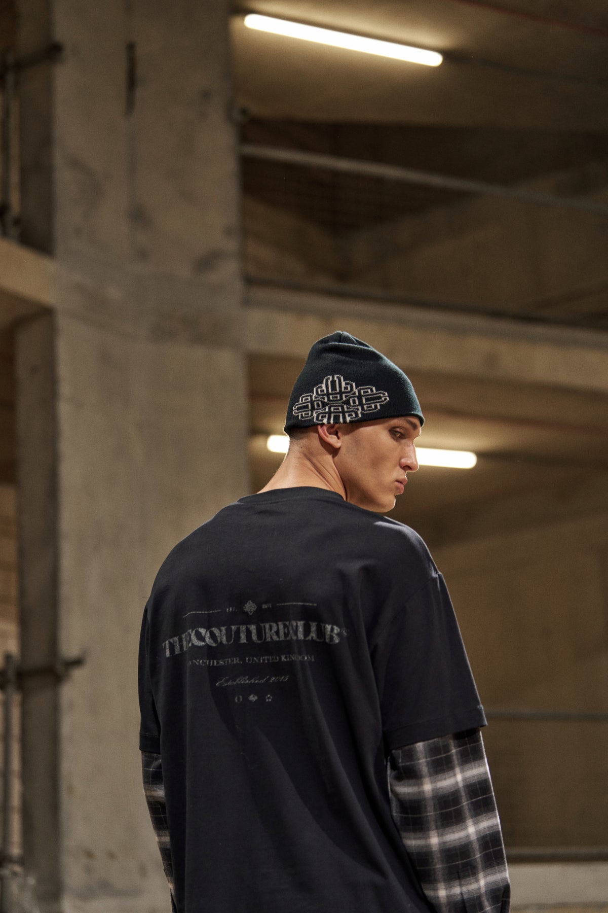 DOUBLE LAYER CHECKED LONG SLEEVE T-SHIRT - BLACK